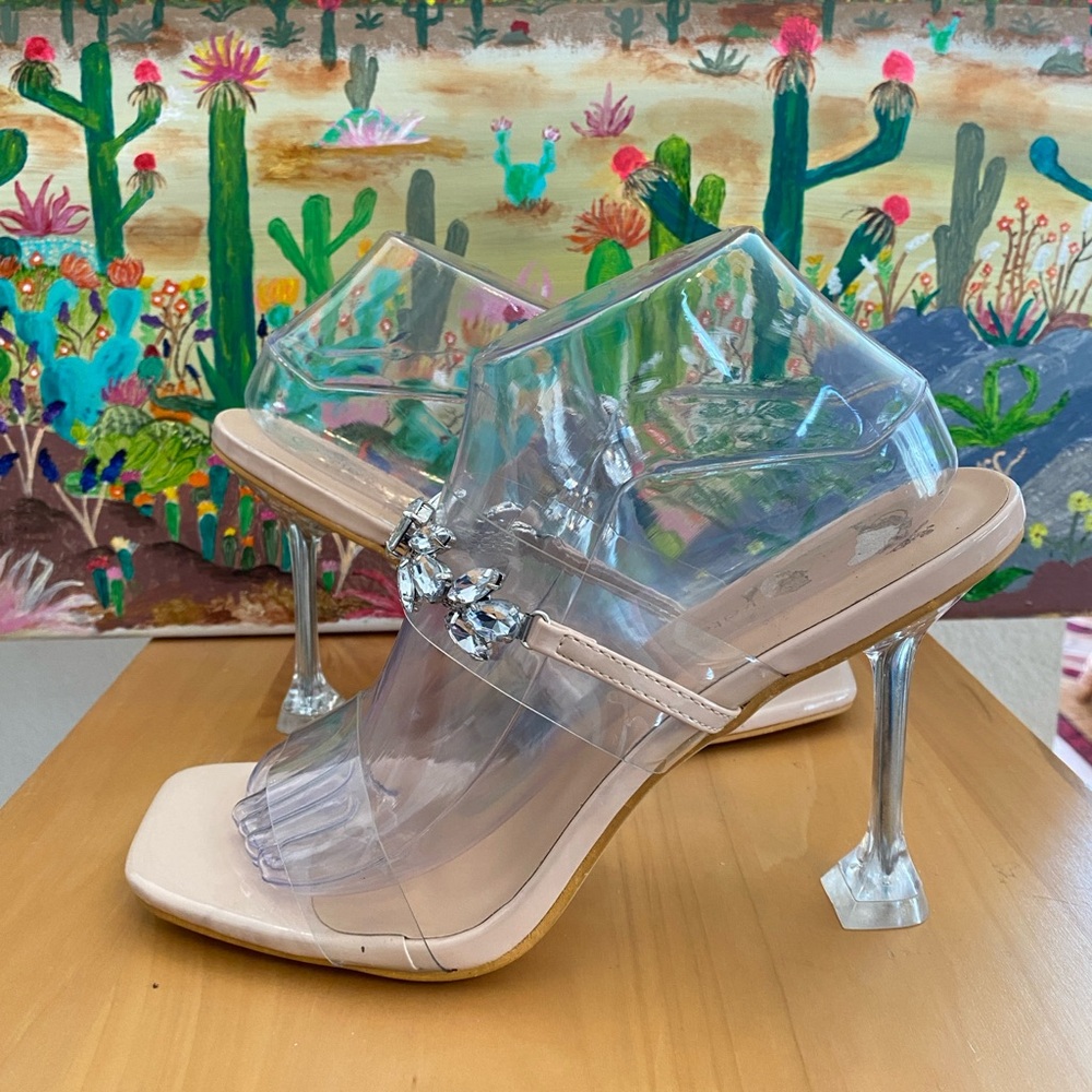 Olivia+kate Acrylic Rhinestone Open Toe High Heel Sandals, Emmie, Size 11